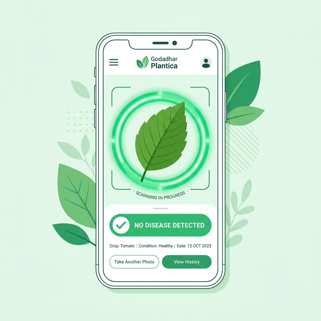 Godadhar Plantica app showing leaf disease scanning interface