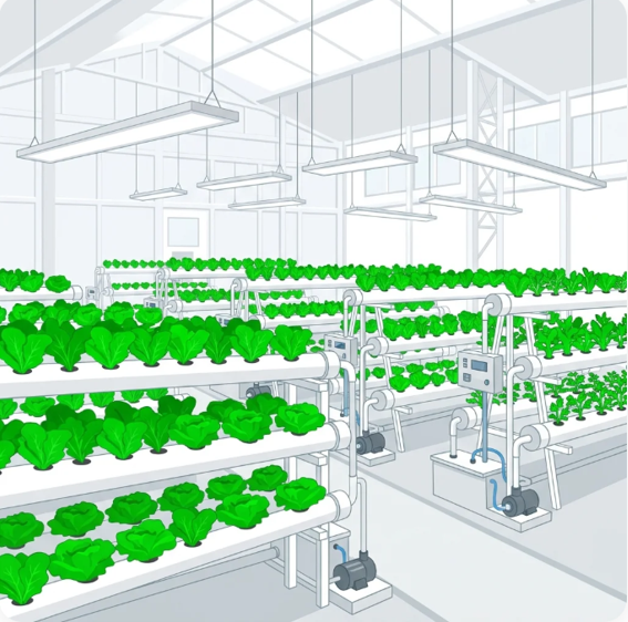 Modern indoor hydroponic farm with multiple levels of leafy green plants and grow lights